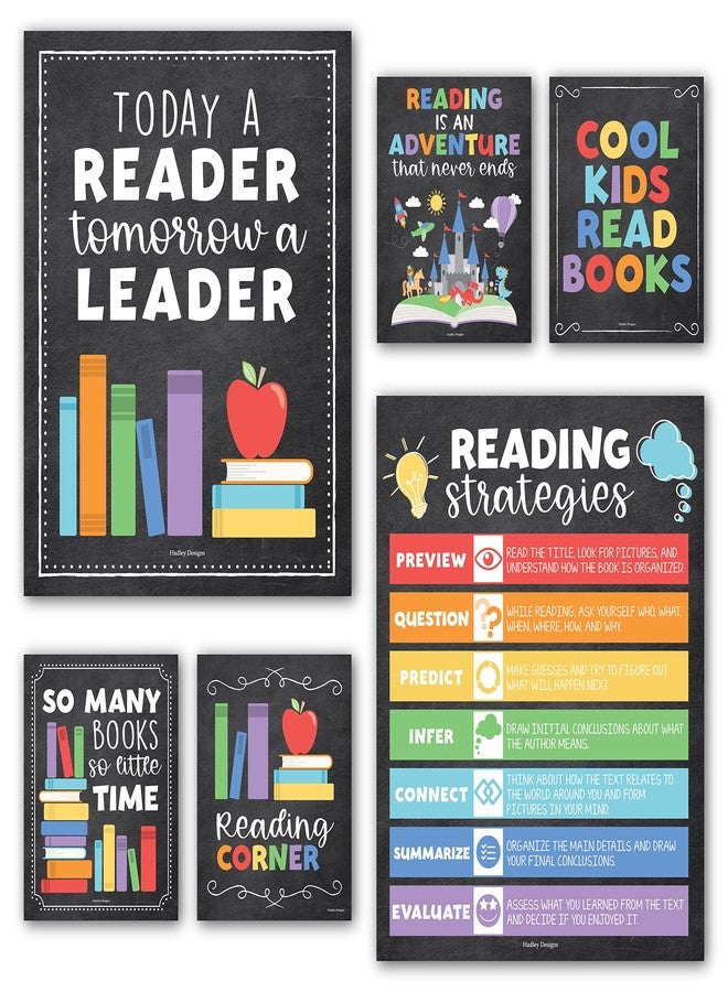 Hadley Designs Motivational Reading Posters for Classroom Elementary –6 Reading Strategies Posters for Classroom Library Decor, Read Corner School Library Poster, Chalkboard Bulletin Board Decorations - Image 1